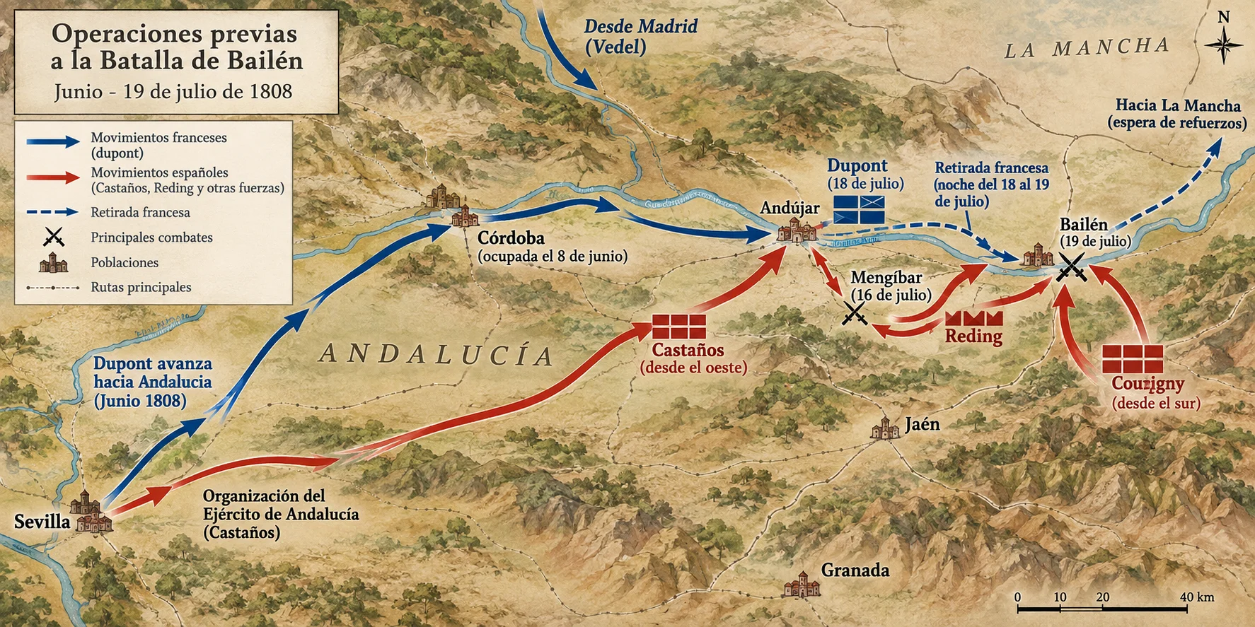 Mapa de las operaciones militares previas a la batalla de Bailén de 1808