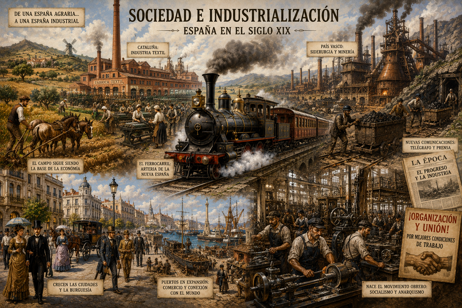 Escena urbana e industrial de la España de finales del siglo XIX