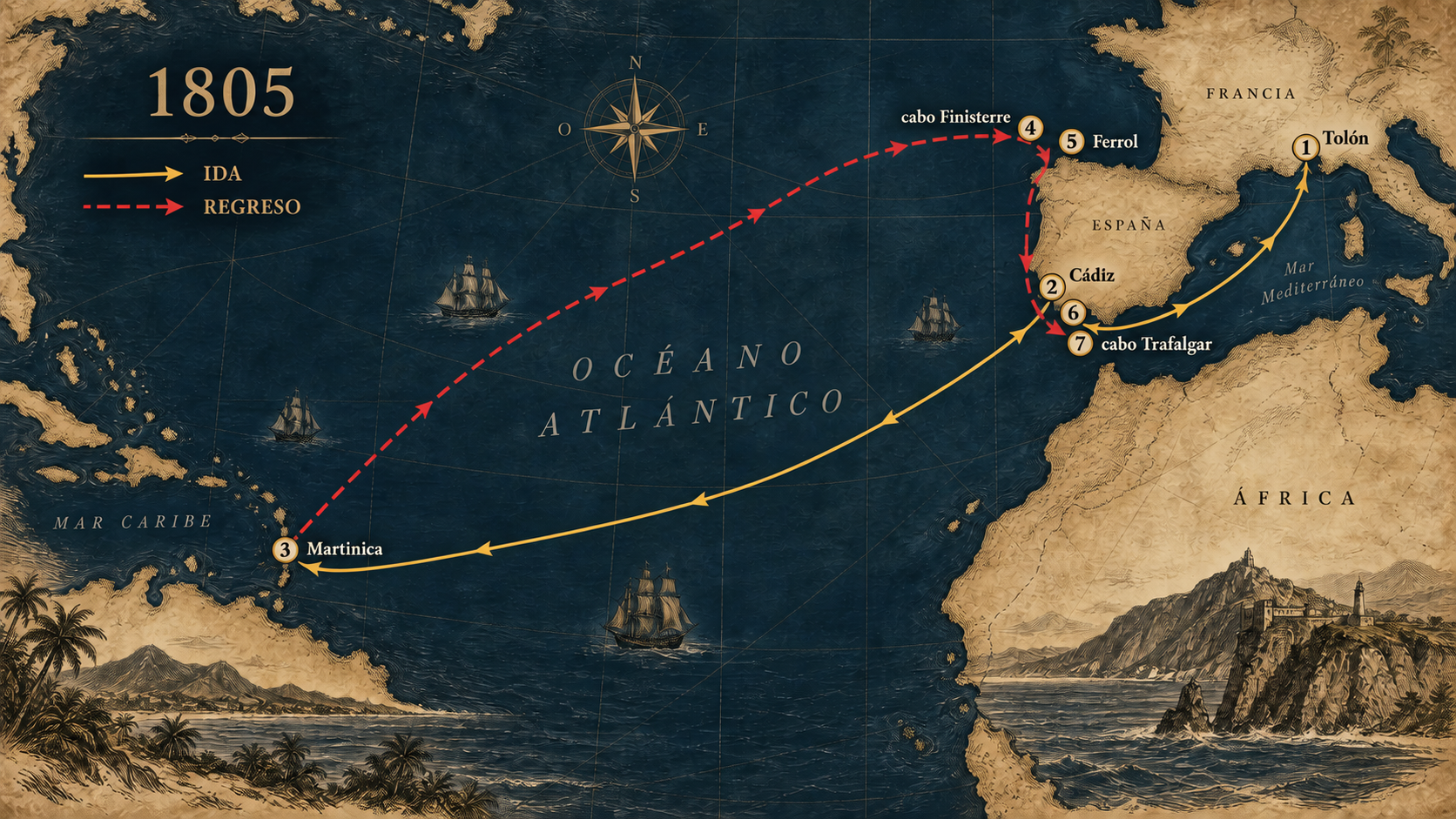 Mapa de la campaña naval de Villeneuve entre Europa y el Caribe en 1805
